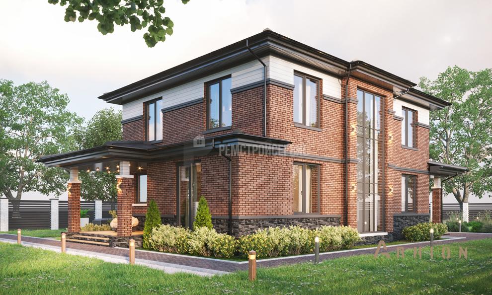 2. Проект двухэтажного дома в современном стиле с четырехскатной, t-66-01, площадью - 193 кв c терассой, гаражом